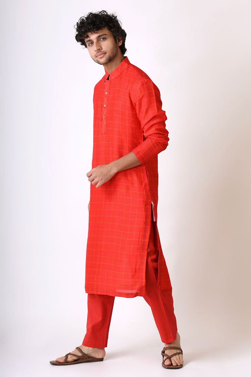 PREM RED CHECKS KURTA PANT SET (set of 2)