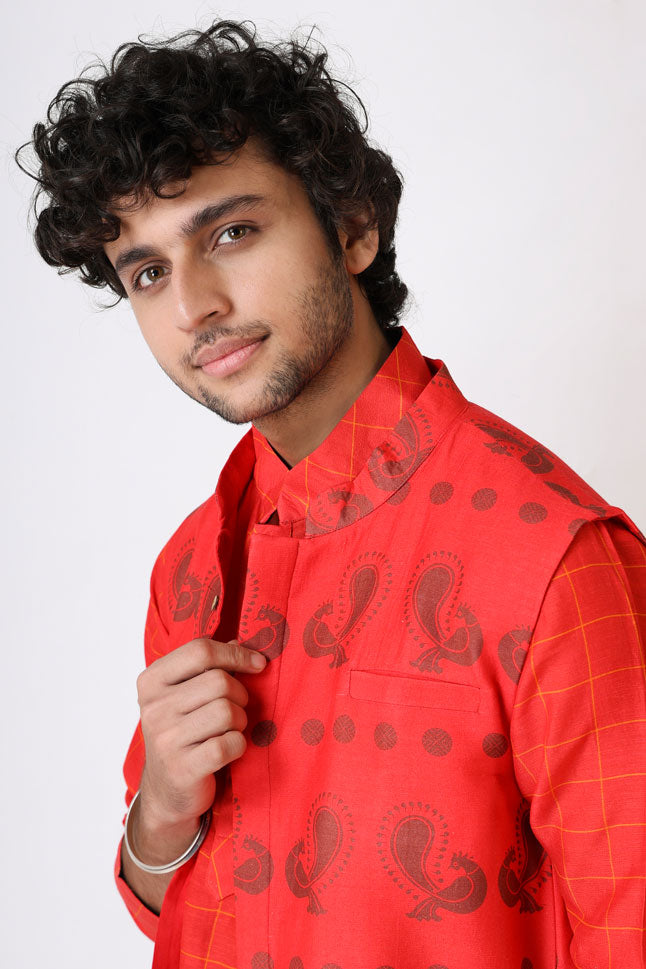 PREM RED MAYIL SET ( kurta + pant + jacket )