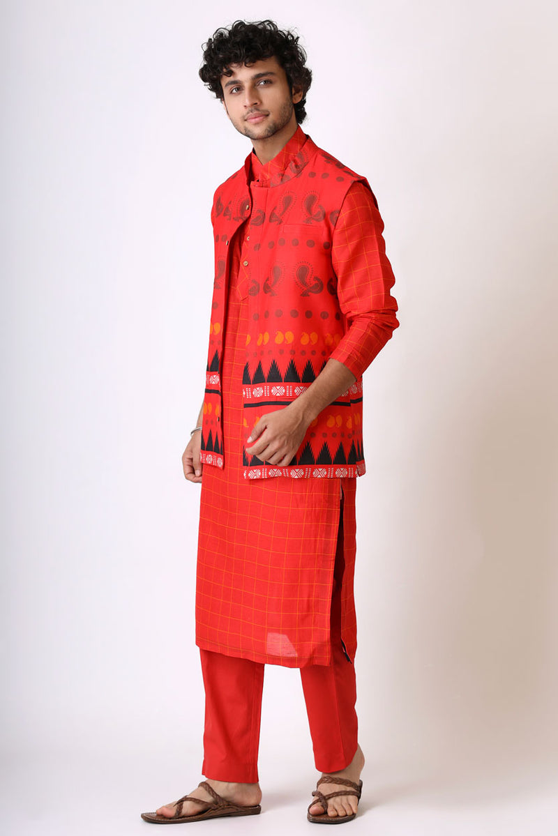 PREM RED MAYIL SET ( kurta + pant + jacket )