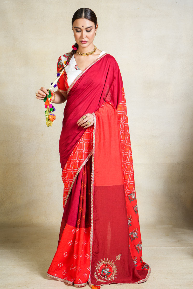 MITHU-GAJANAN RED PATCHWORK SAREE