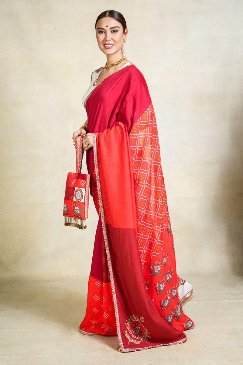 MITHU-GAJANAN RED PATCHWORK SAREE
