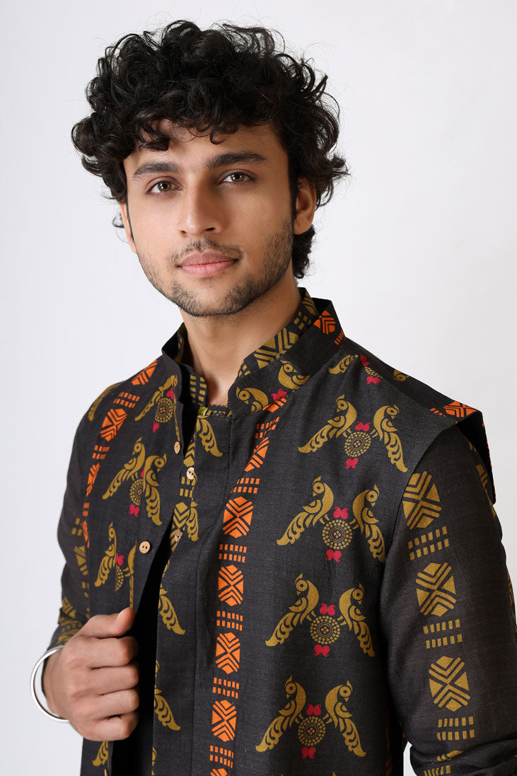 SANGHARASH BLACK MAYIL SET (kurta + pant + jacket)