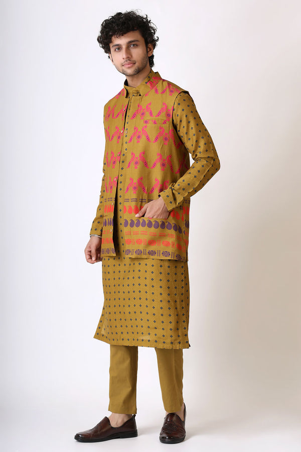SMRITI OLIVE MAYIL SET ( kurta + pant + jacket )