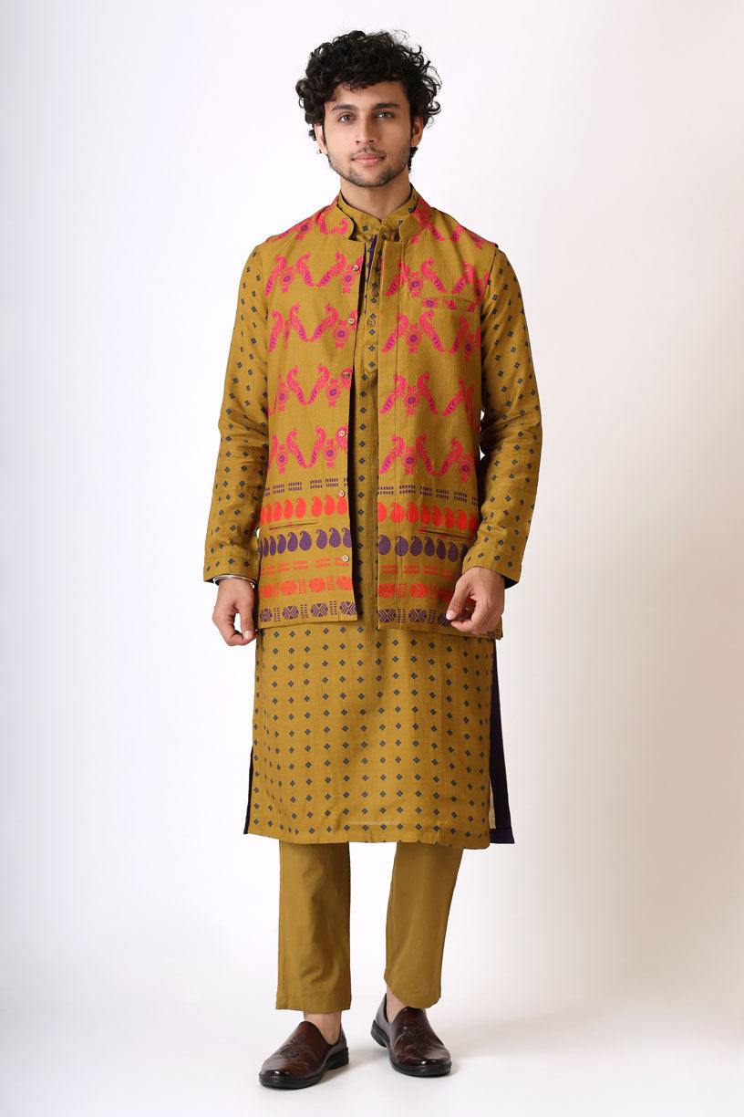 SMRITI OLIVE MAYIL SET ( kurta + pant + jacket )