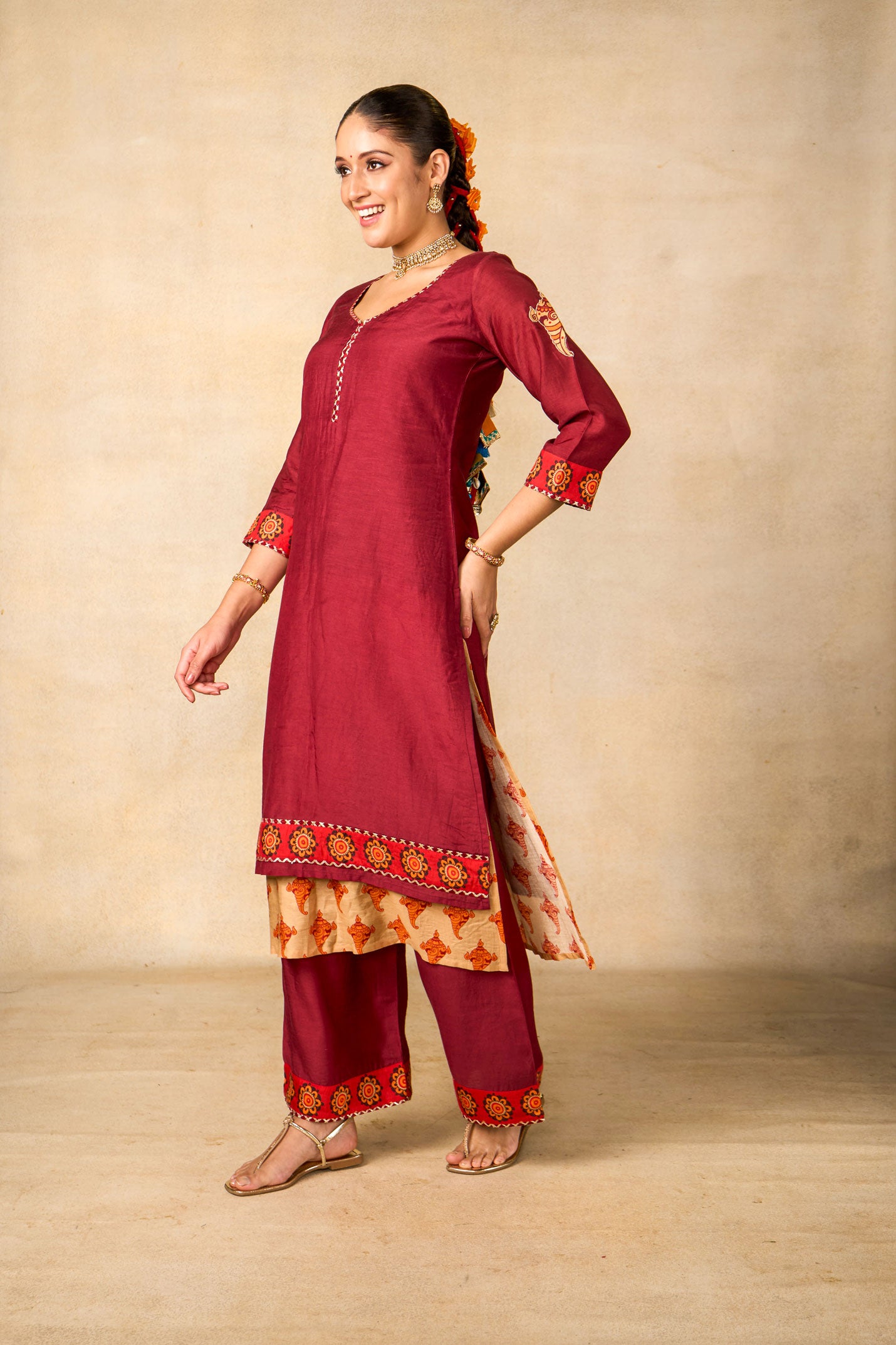 Janaki Jaal maroon set of 3 ( kurta + palazzo + dupatta )