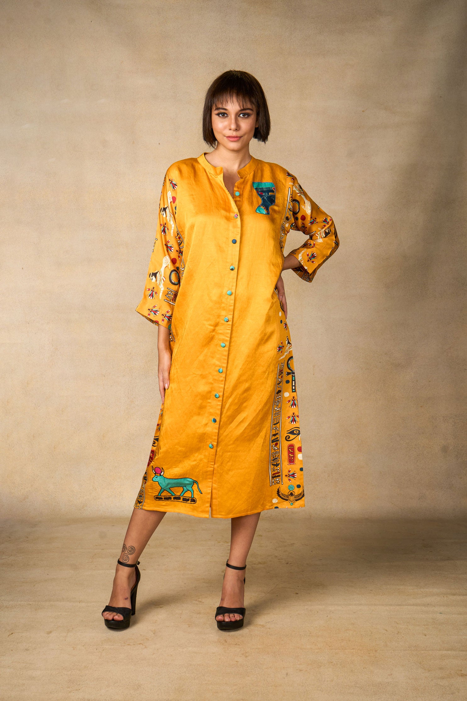 Pharoah appliqué shirt dress- yellow