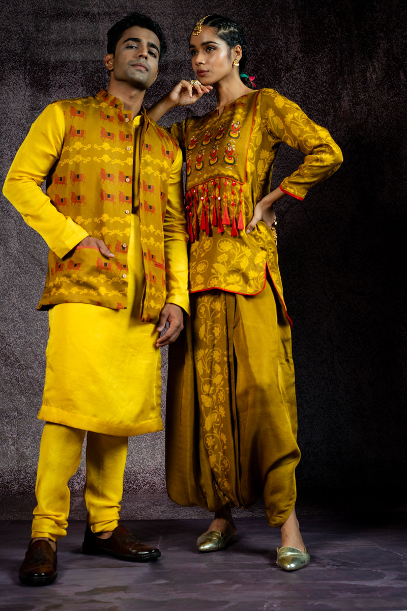 HALDI METALLIC SET OF 3 ( KURTA + CHURIDAR + jACKET )