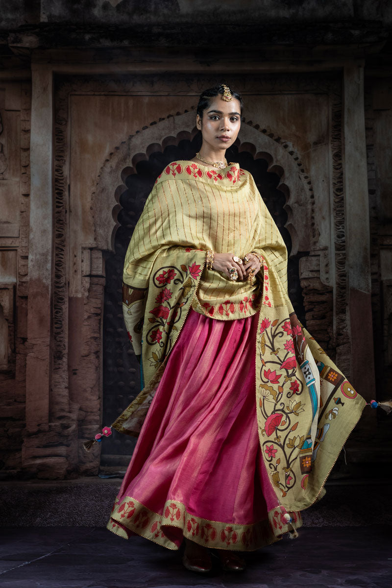 SHRINTAHJI DARBAR CHNADERI GULABI LEHENGA SET ( SET OF 3 )