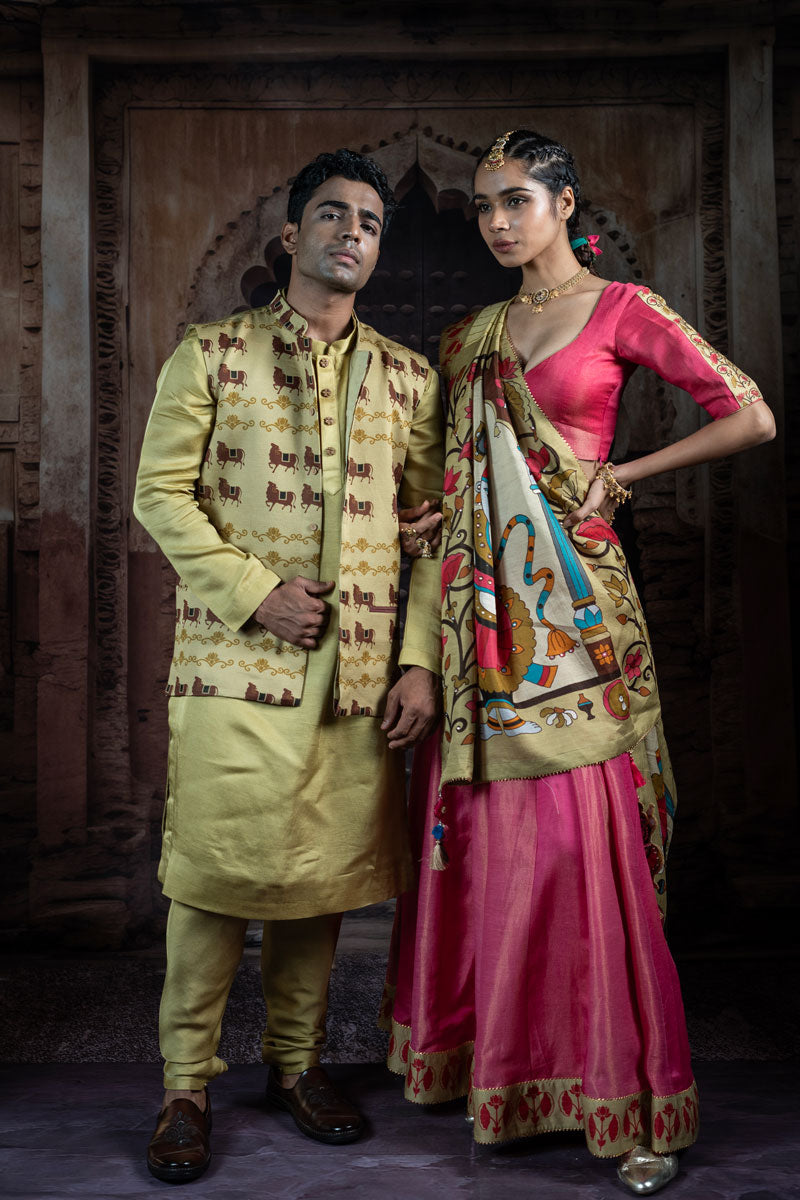 PISTA METALLIC SET OF 3 ( KURTA + CHURIDAR + JACKET )