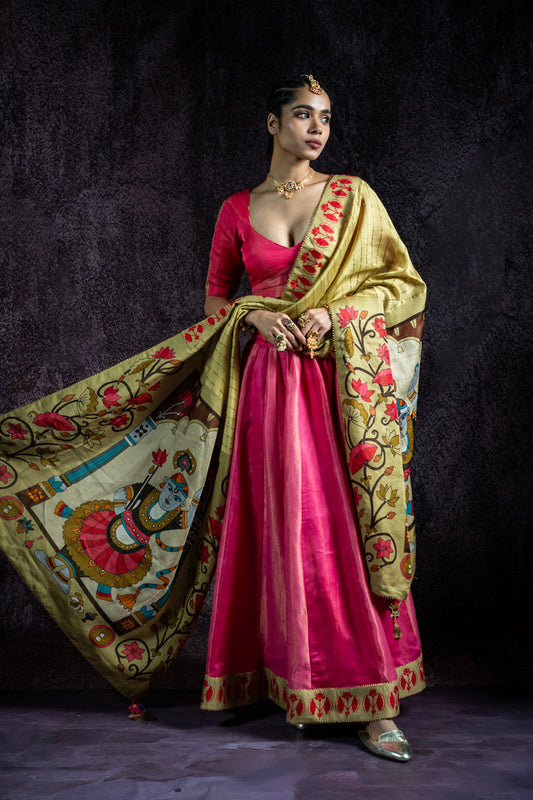 SHRINTAHJI DARBAR CHNADERI GULABI LEHENGA SET ( SET OF 3 )