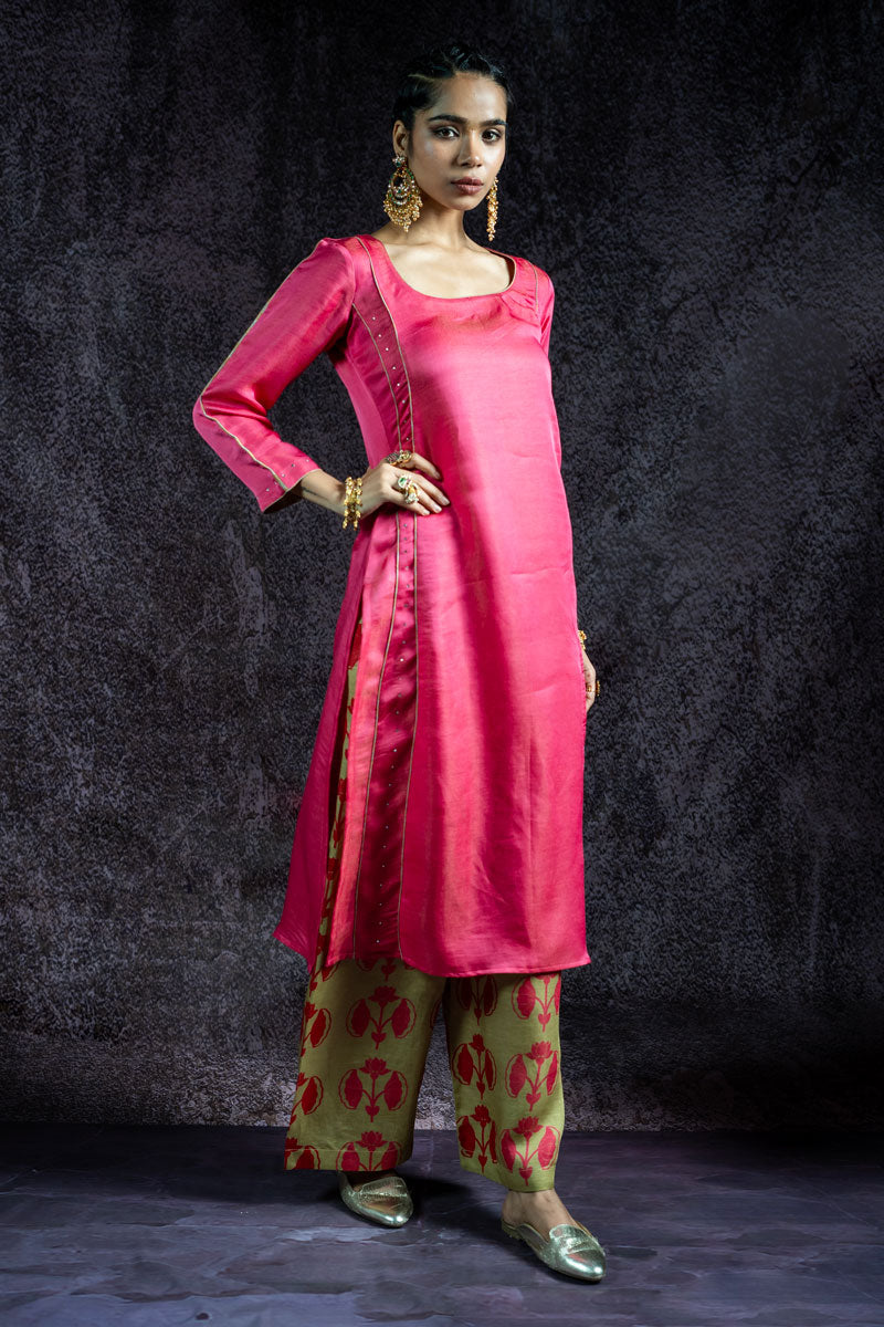 KUNDAN GULABI METALLIC SET OF 3 - KURTA + PALAZZO + DUPATTA