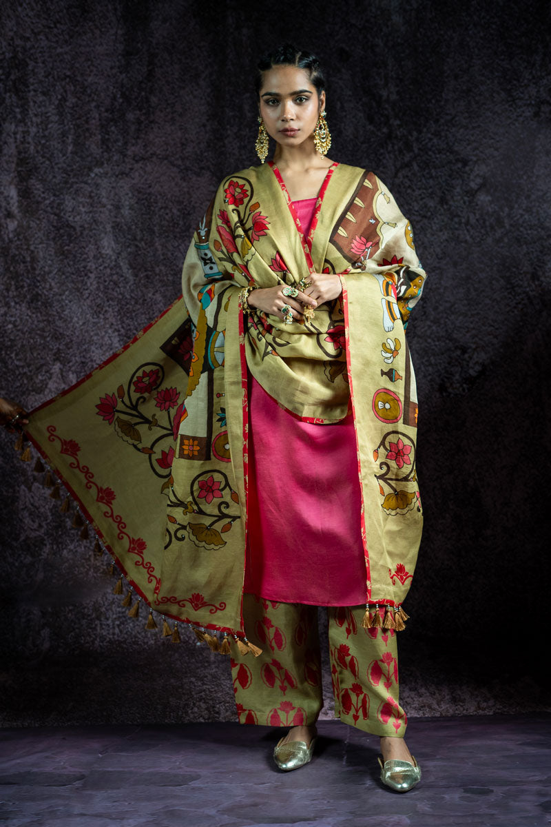 KUNDAN GULABI METALLIC SET OF 3 - KURTA + PALAZZO + DUPATTA