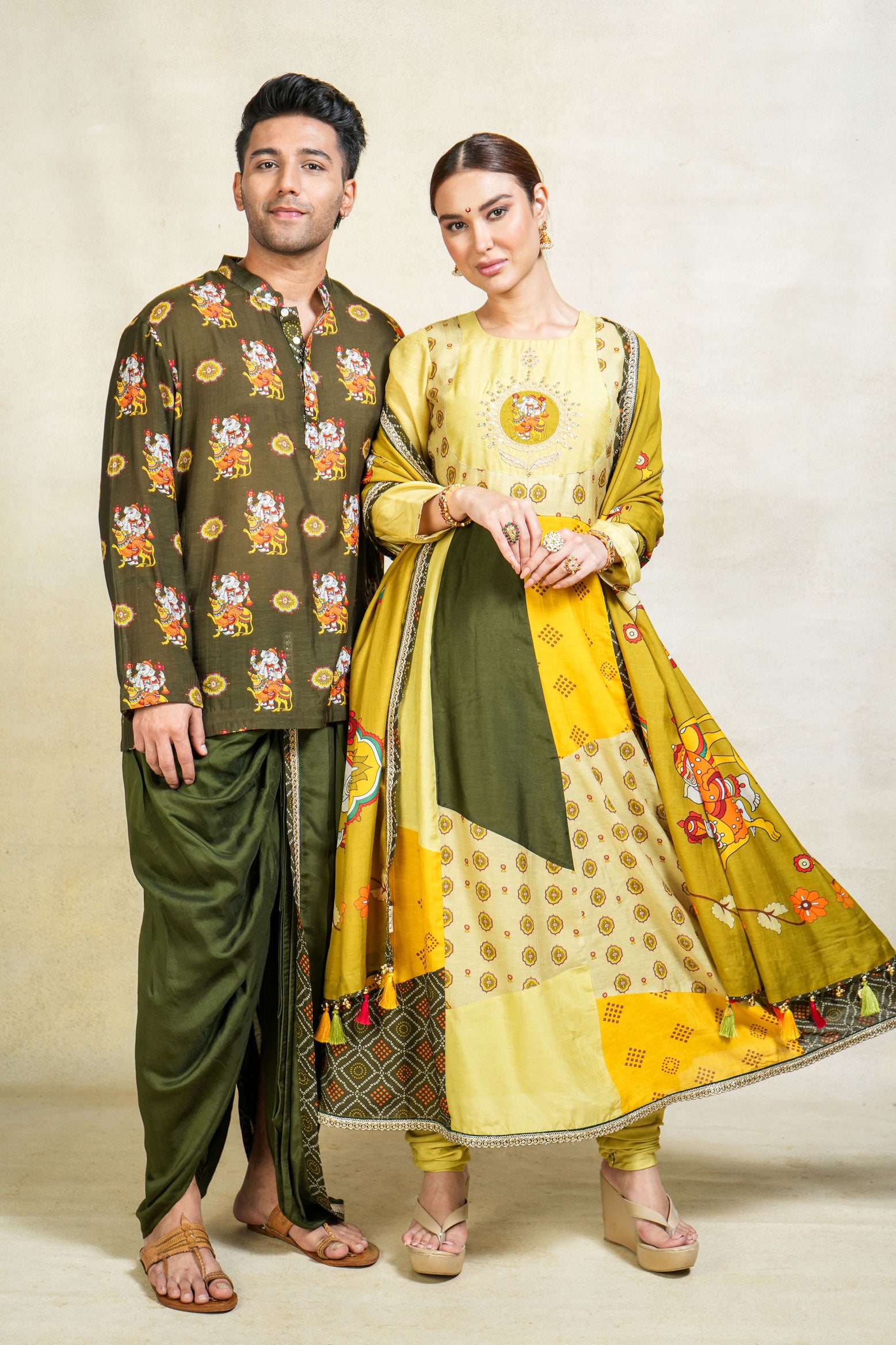 Herambh green stitched dhoit + kurta set (set of 2)