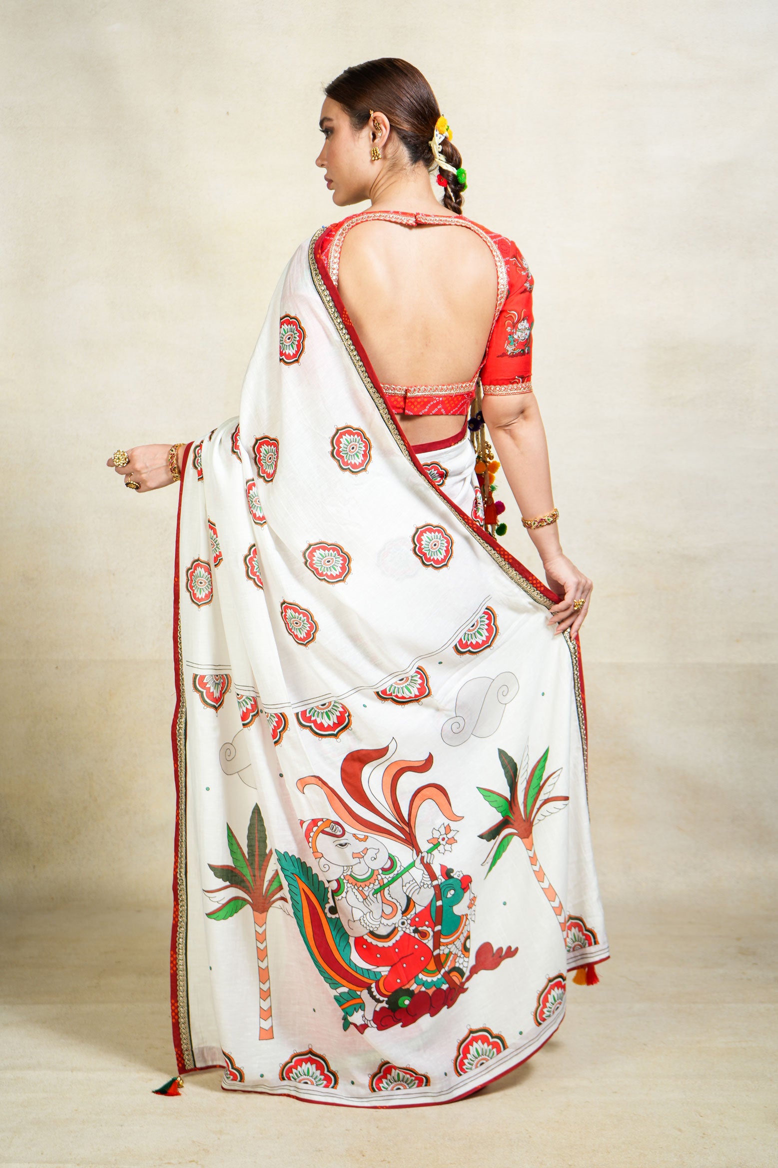 SUMUKH WHITE+ RED SAREE