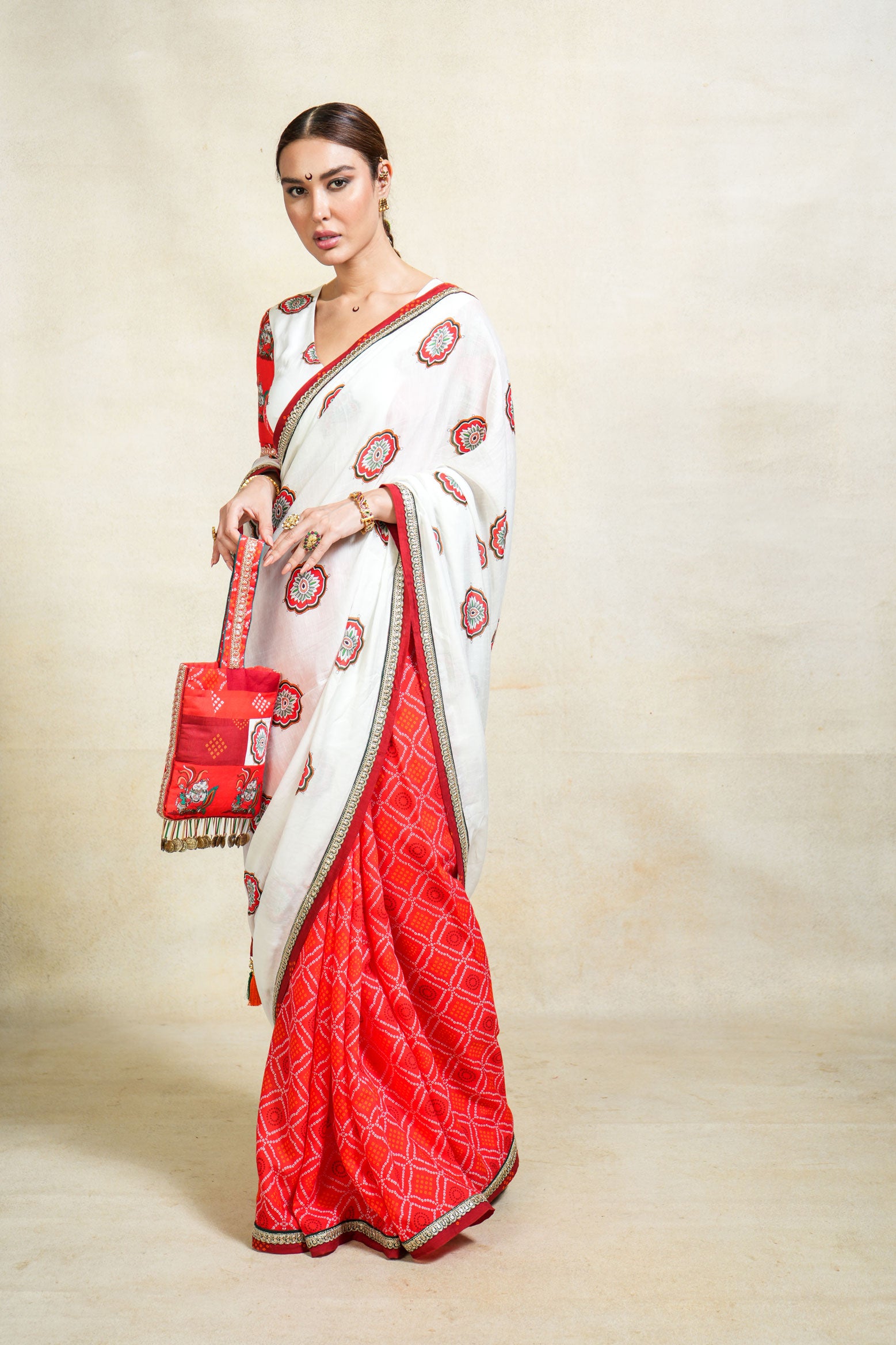 SUMUKH WHITE+ RED SAREE