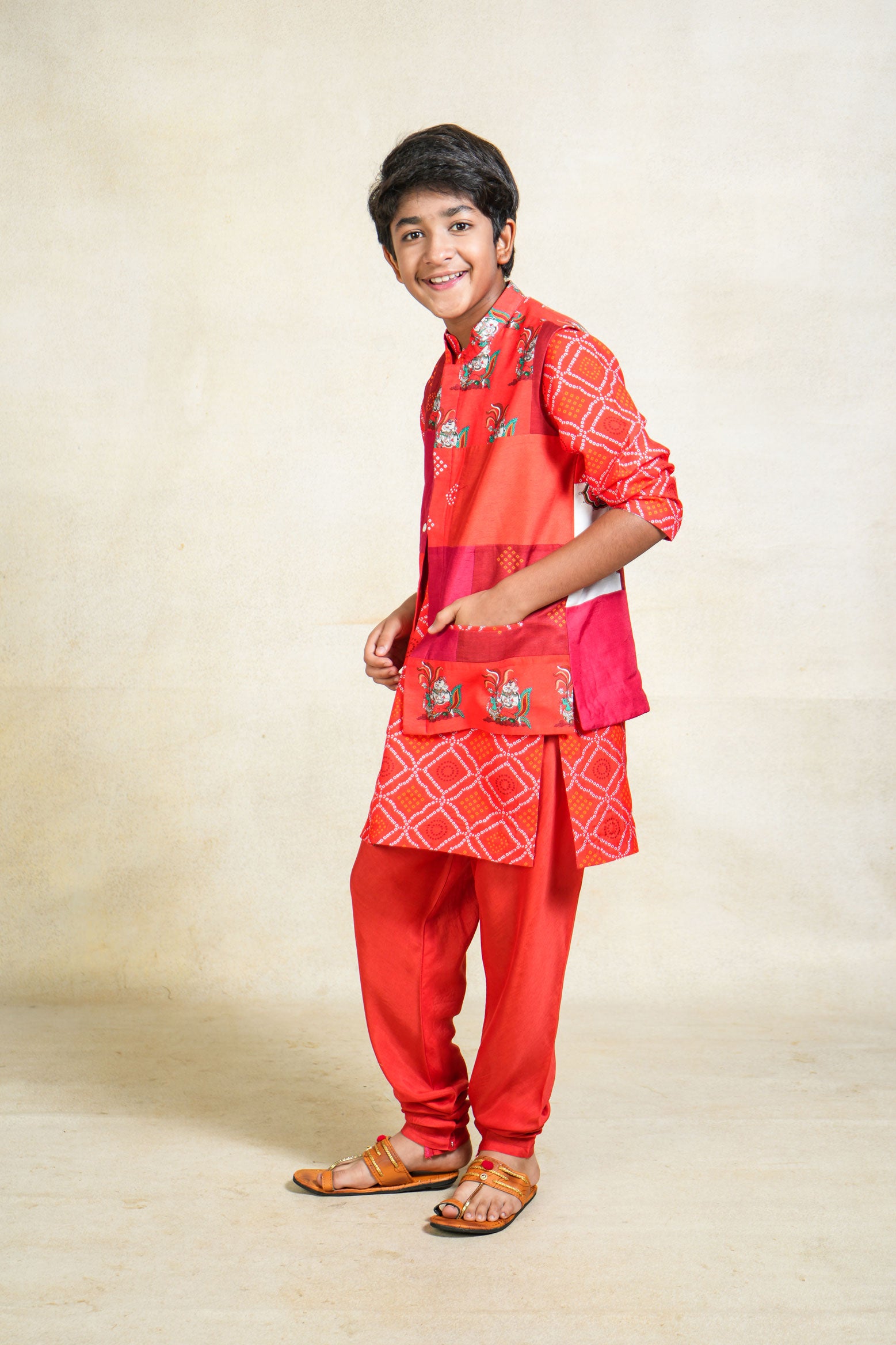 Bappa red Kurta + pant + jacket ( set of 3 )