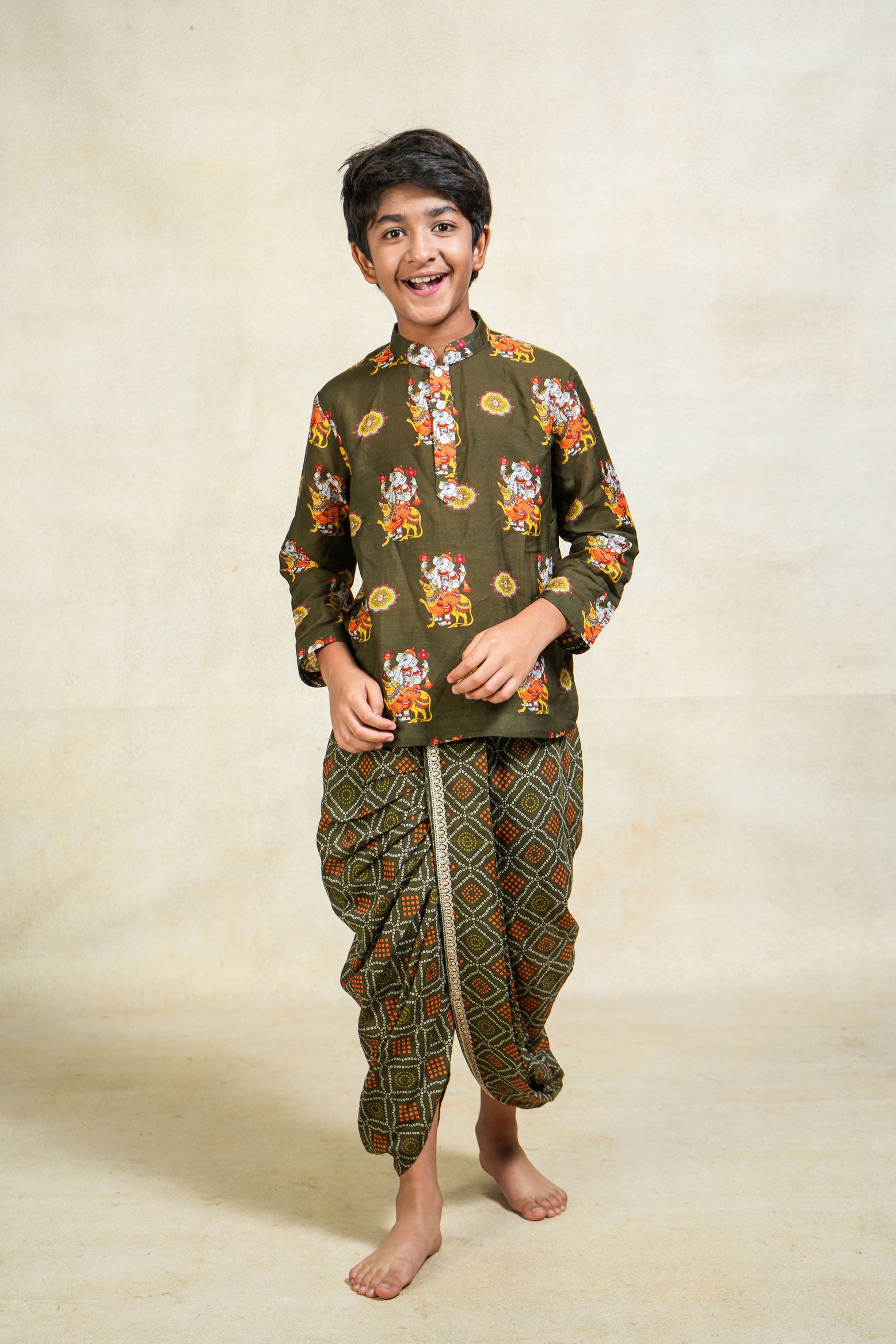Bal Ganesh green kurta + stitched dhoti set ( set of 2)