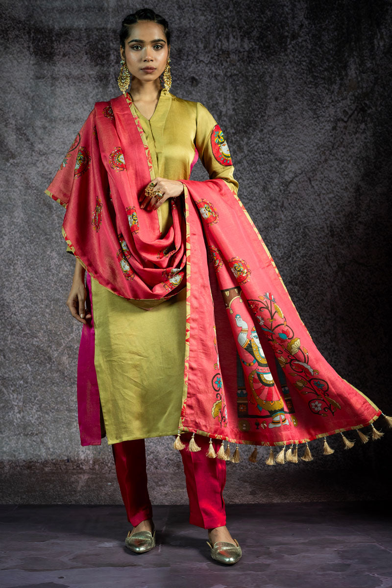 PADMA SAAJ PISTA METALLIC KURTA + SALWAR+ DUPATTA (SET OF 3)