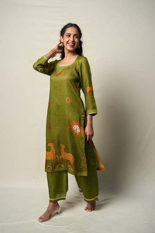 VANA MRIGA GREEN KURTA + PALAZZO + DUPATTA (SET OF 3)
