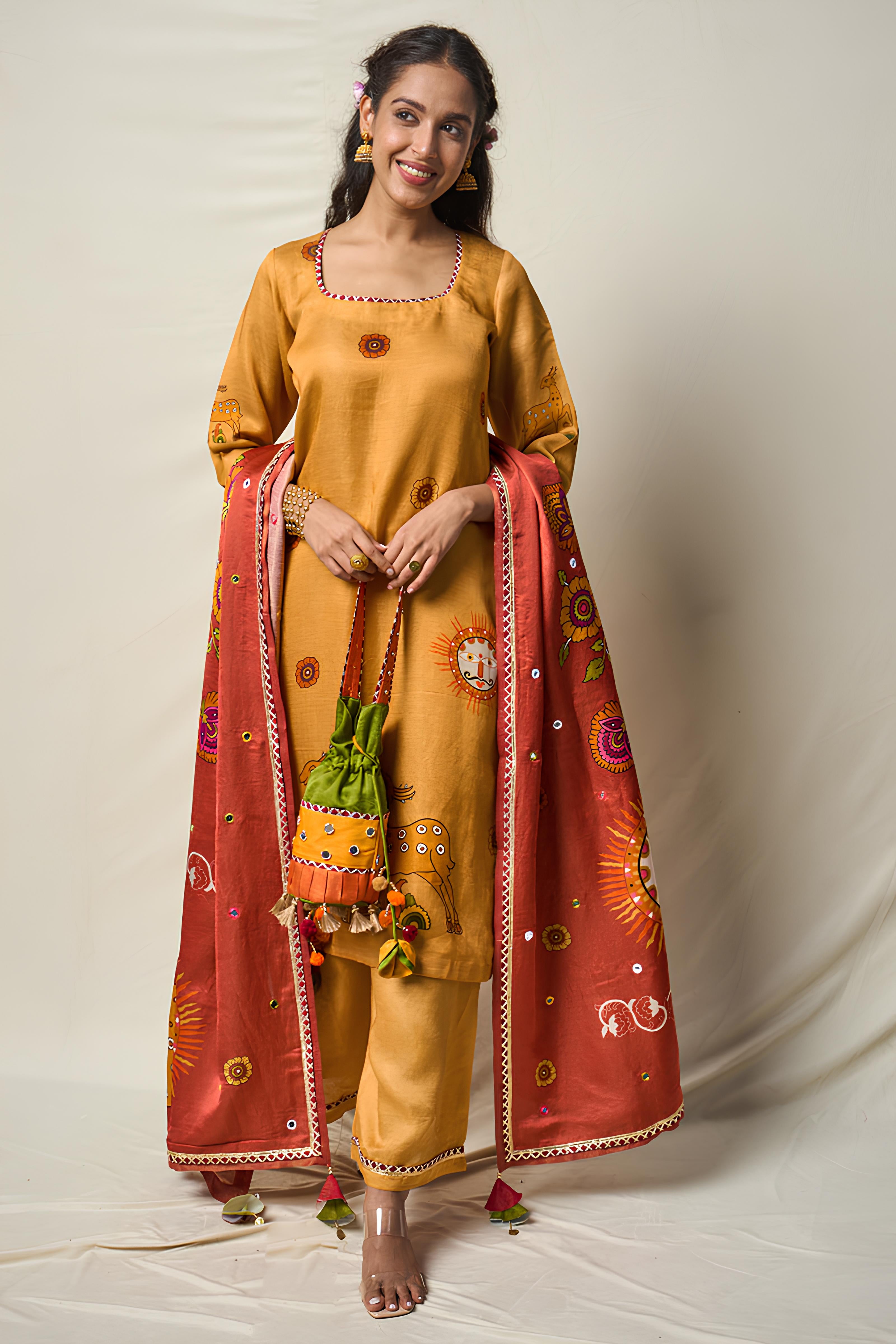 VANA MRIGA YELLOW KURTA + PALAZZO + DUPATTA SET (SET OF 3)