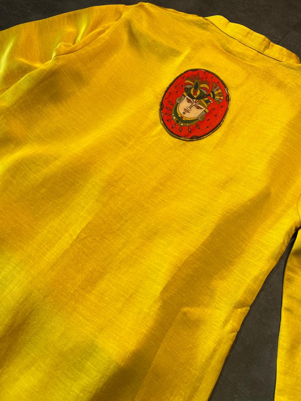 HALDI METALLIC SET OF 3 ( KURTA + CHURIDAR + jACKET )