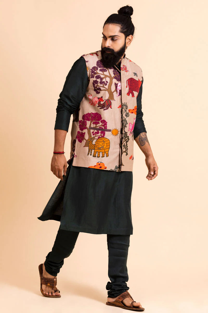 GREEN SET OF 3 ( Kurta +Churidar+Anandvan Jacket ) MAN