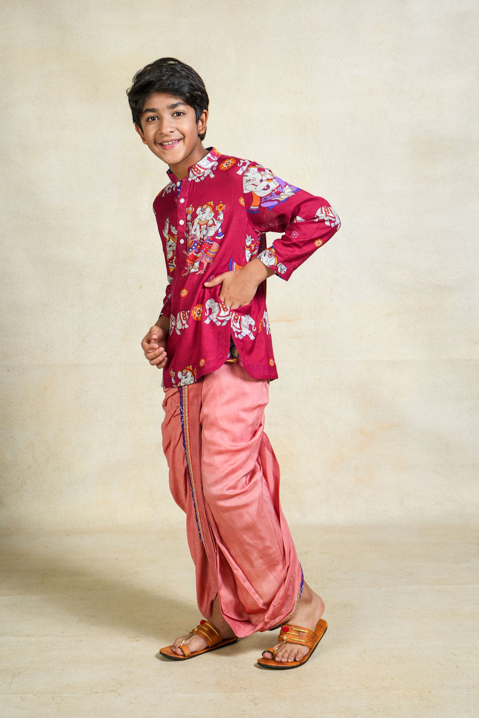 Bal Ganesh magenta kurta + dhoti set ( set of 2)