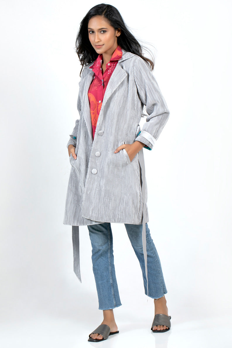 Metallic silver jacket-micro-pleated