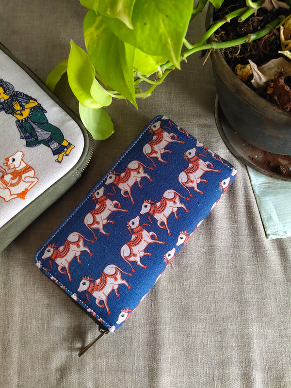 Indigo kalamkari cow wallet