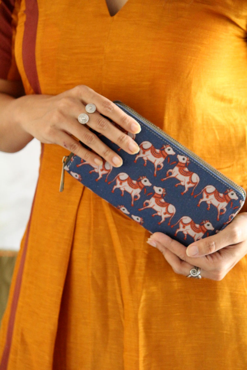 Indigo kalamkari cow wallet