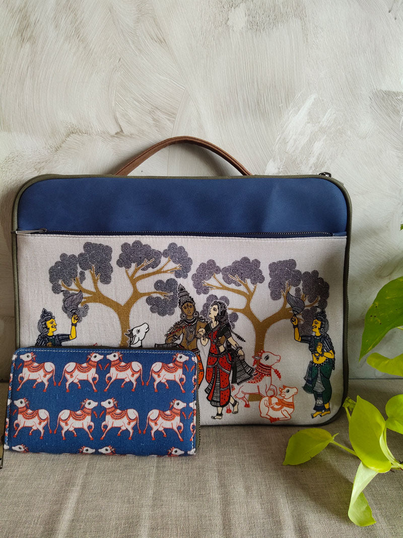 Indigo kalamkari cow wallet