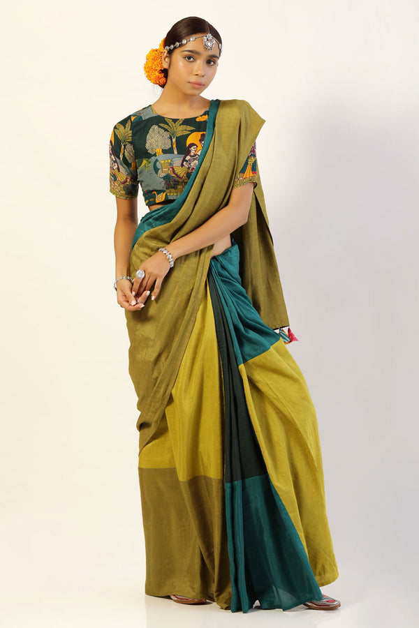 Lime-Teal Patchwork saree