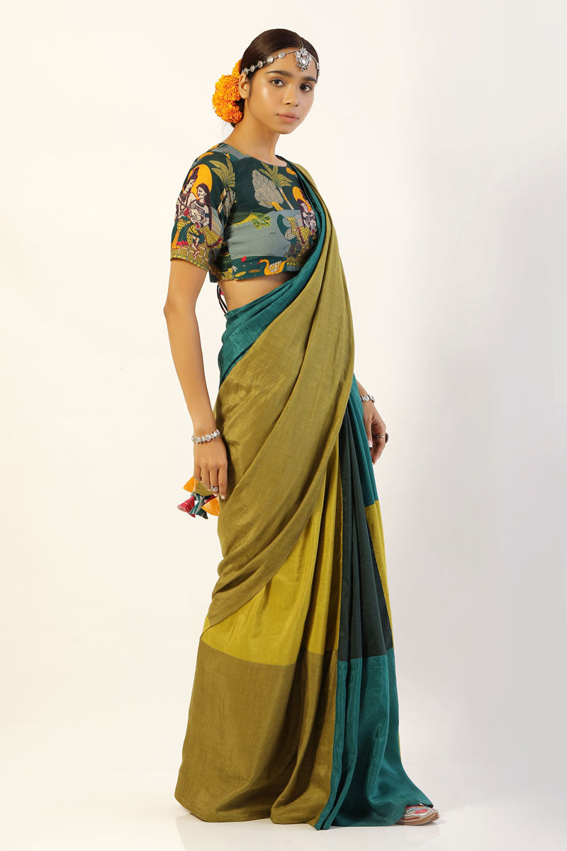 Lime-Teal Patchwork saree