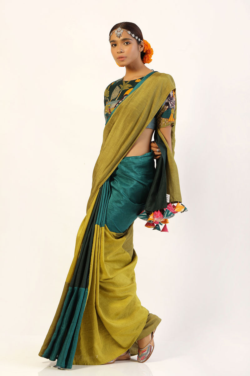 Lime-Teal Patchwork saree