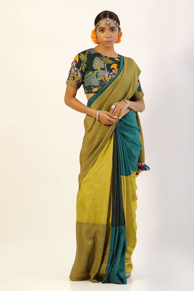 Lime-Teal Patchwork saree