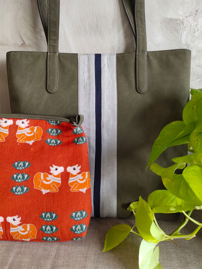 Bag with kalamkari cow pouch ( set of 2 )