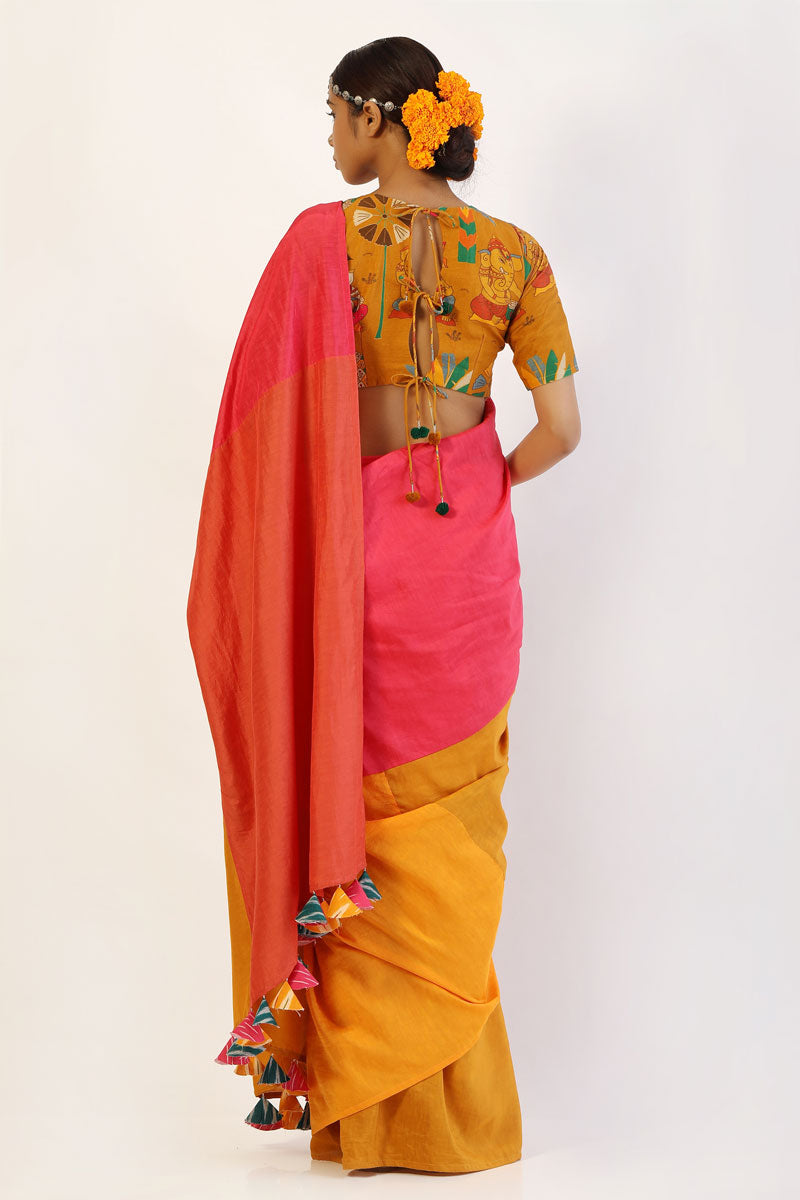 Mango-Pink patchwork saree