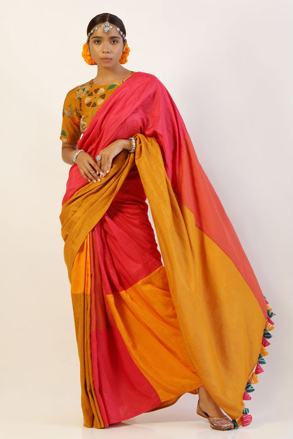 Mango-Pink patchwork saree