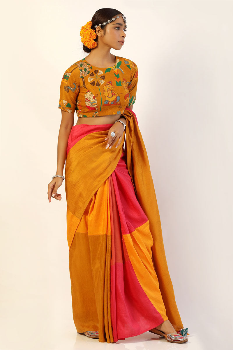 Mango-Pink patchwork saree