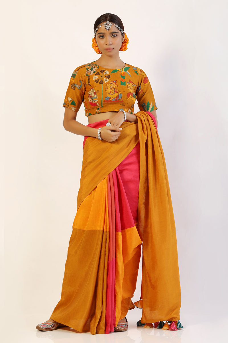 Mango-Pink patchwork saree