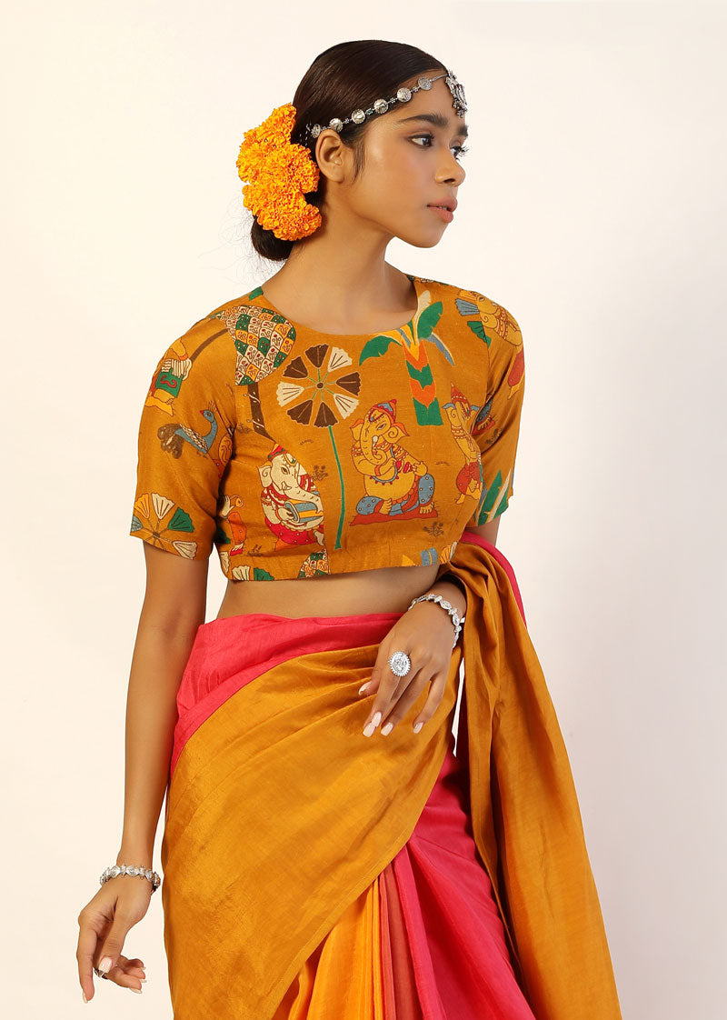 Mango-Pink patchwork saree