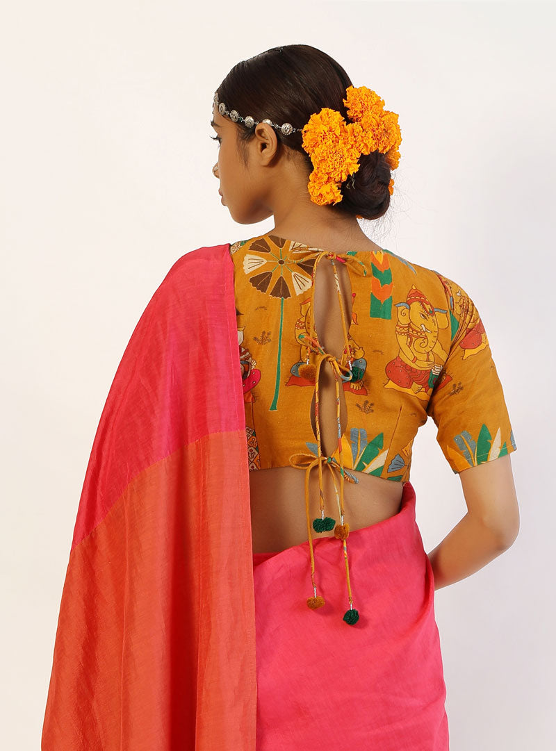 Udd Studio - Pink Linen Printed Patchwork Vinayaka Saree – udd Studio