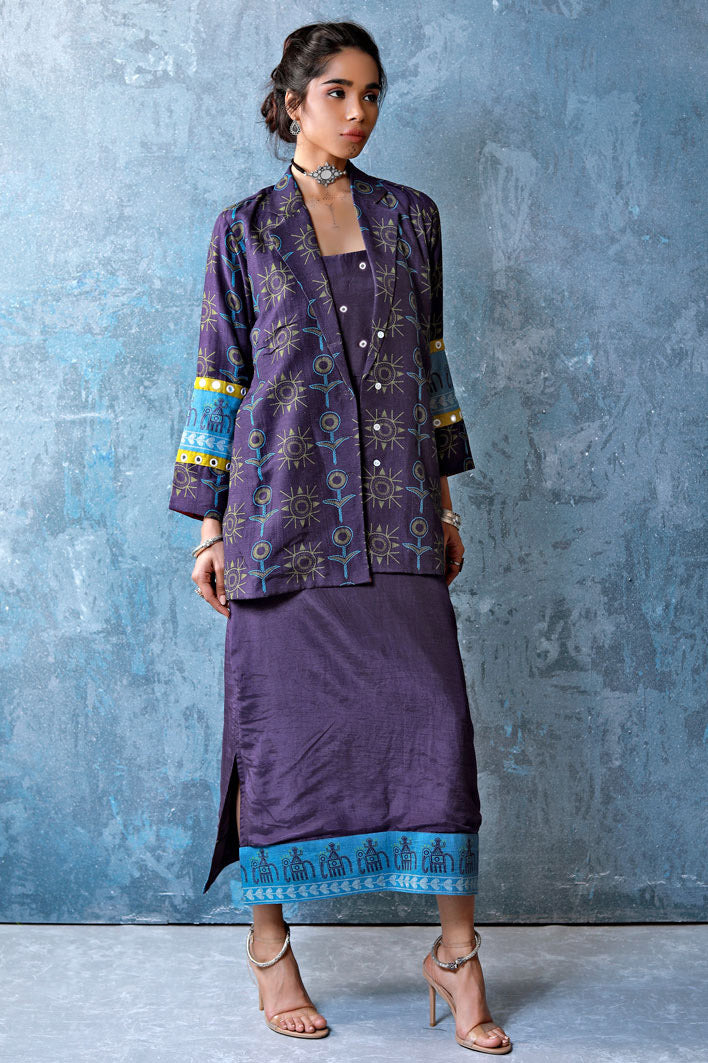 Purple Linen Embroidered Dress (Set of 2) - Udd Studio – udd Studio